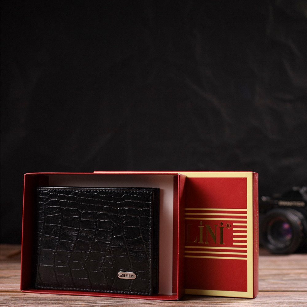 Стильне чоловіче портмоне з натуральної шкіри з тисненням під крокодила CANPELLINI 21867 Чорний Київ - фото 9