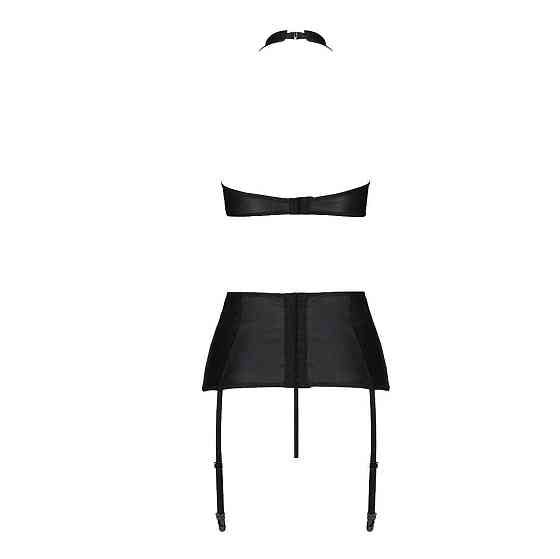 Комплект из экокожи Passion NANCY SET 4XL/5XL black, имитация шнуровки, топ, пояс для чулок Sex Aura Киев