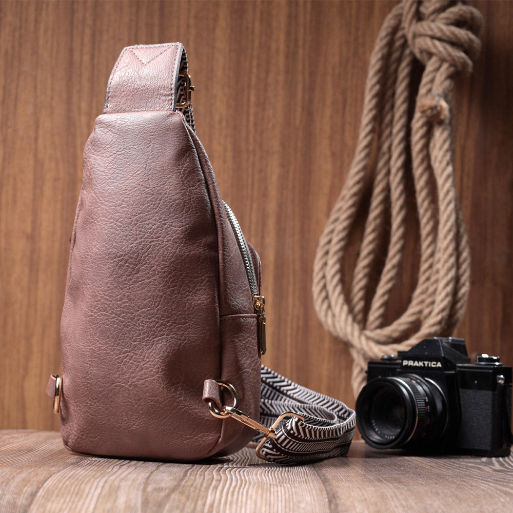 Компактна жіноча сумка через плече з екошкіри з акцентом на текстильну лямку Vintage 22778 Коричневий Київ - фото 9