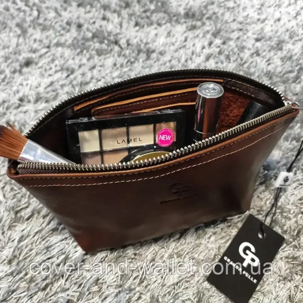 Стильна жіноча шкіряна косметичка коричневого кольору Grande Pelle Київ - фото 4