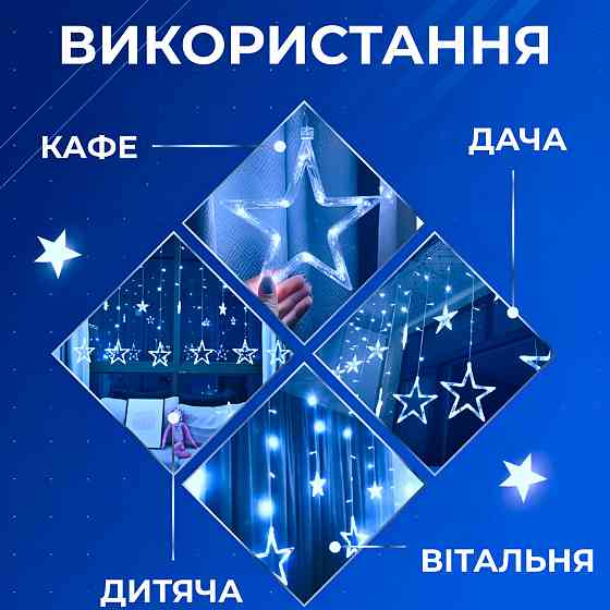 Гірлянда штора 3х0,7 м Зірки на 108 LED лампочок світлодіодна 6 великих та 6 маленьких зірок 9В 8 режимів Синій 1733054BL Коломия