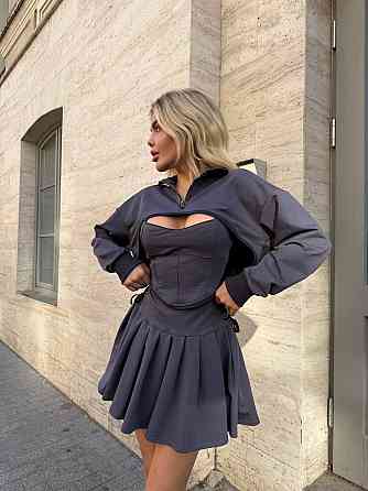 Женский стильный летний костюм-тройка с подтягивающим корсетным топом двухнитка + зербаная Графит, 40/42 Одесса