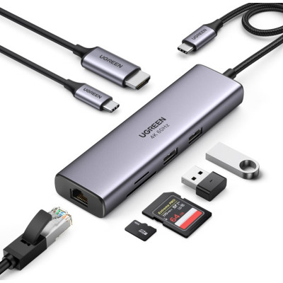 Концентратор Ugreen USB3.1 Type-C to HDMI/USB 3.0x2/RJ45/SD/TF/PD 100W CM512 (60515) Вінниця - фото 8