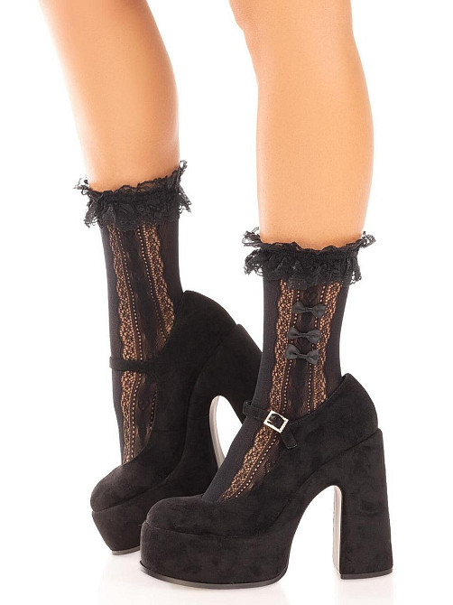Шкарпетки ажурні Leg Avenue Mini Bow Lace Anklet, чорні, з рюшами, декор — бантики Sex Aura Київ - фото 2