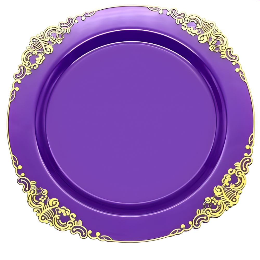 Пластикова кругла тарілка 26 см, святкова, міцна, багаторазова, з золотистим візерунком, фіолетова Кам'янець-Подільський - фото 2