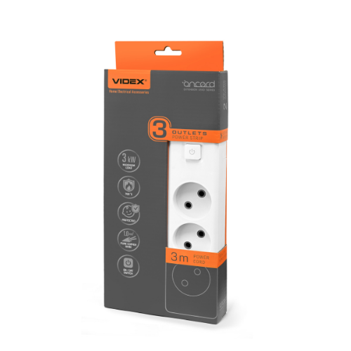 Мережевий подовжувач без заземлення 3 розетки 3м з кнопкою білий Oncord Videx Житомир - изображение 1