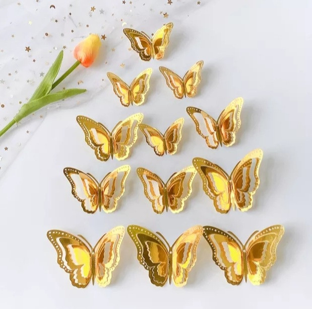 Бабочки декоративные золотые, в наборе 12штук разных размеров, фольга Киев - изображение 1