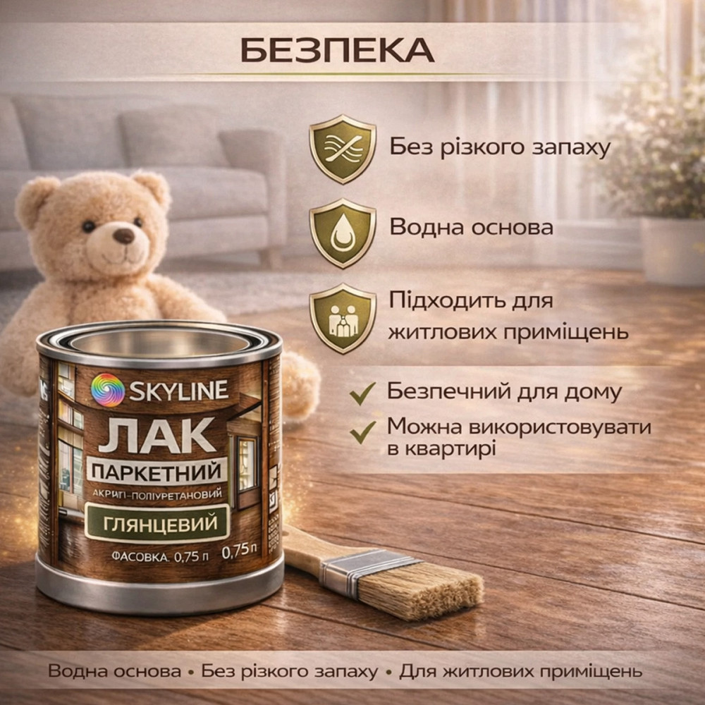 Лак для підлоги глянцевий Skyline паркетний, акрил-поліуретановий, водний, зносостійкий, без запаху, 750 мл Харків - фото 8