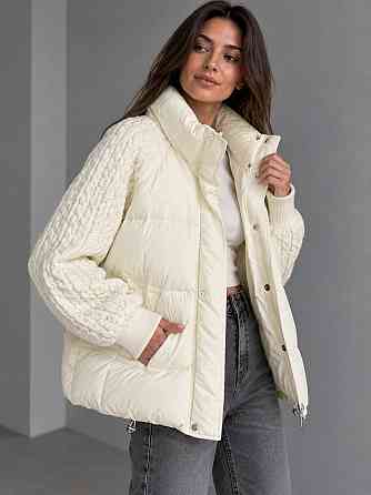 Куртка жіноча YZY 30790 пуховик oversize з в’язаними рукавами демісезонна one size, молочний, one size Київ