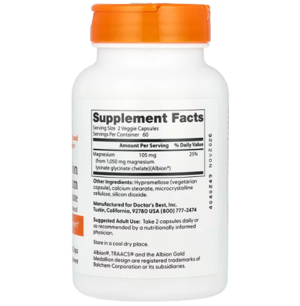 Бисглицинат магния для нервной системы Doctor's Best High Absorption Magnesium 105 мг 120 вег капс Киев