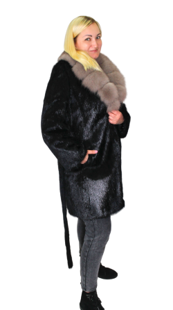 Шуба женская из натурального меха стриженой нутрии с воротником Соболь р 50 длина 90см Черный Харьков