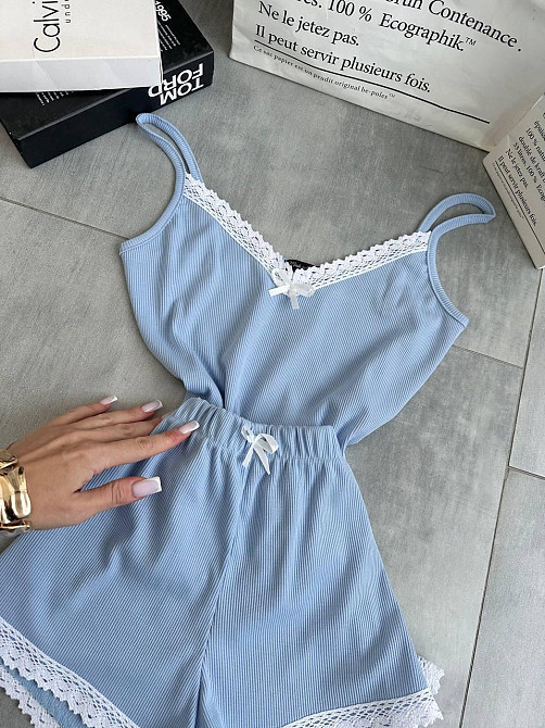 Женская повседневная домашняя пижама двойка турецкий рубчик Голубой, 42/44 Одесса - изображение 1