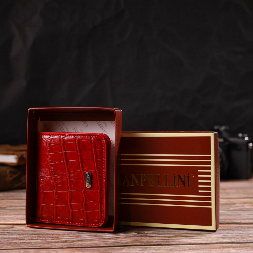 Жіночий гаманець з натуральної шкіри з тисненням під крокодила Червоний (CANPELLINI) Київ - фото 4