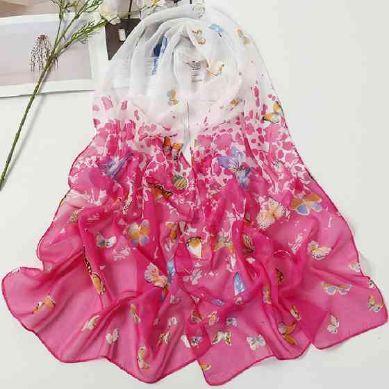 Шарф с бабочками женский шифоновый 145 на 48 см розово-белый Киев