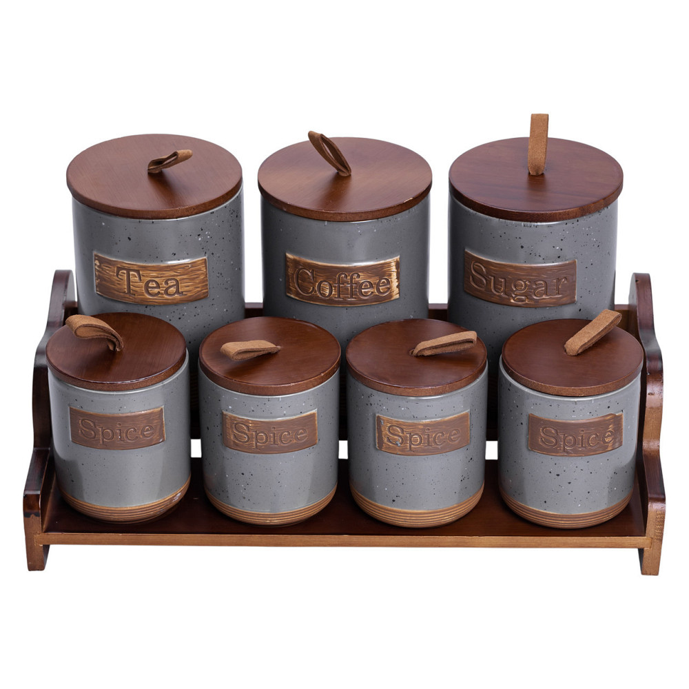 Банки для сипучих продуктів набір 9 штук на бамбуковій підставці з кришками 36.5×20.5×22 см Сірий HP-26-2G Київ - фото 4