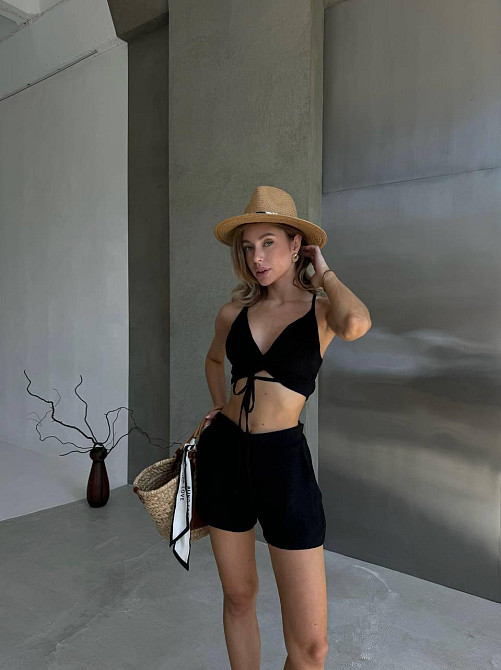 Жіночий літній костюм-трійка: сорочка топ і шорти креп жатка Чорний, 44/46 Одеса - фото 3