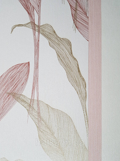 Шпалери метрові вініл на флізелін дизайнерські Erismann Elle Decoration 2 листя рожеві золотисті на білому Київ - фото 2