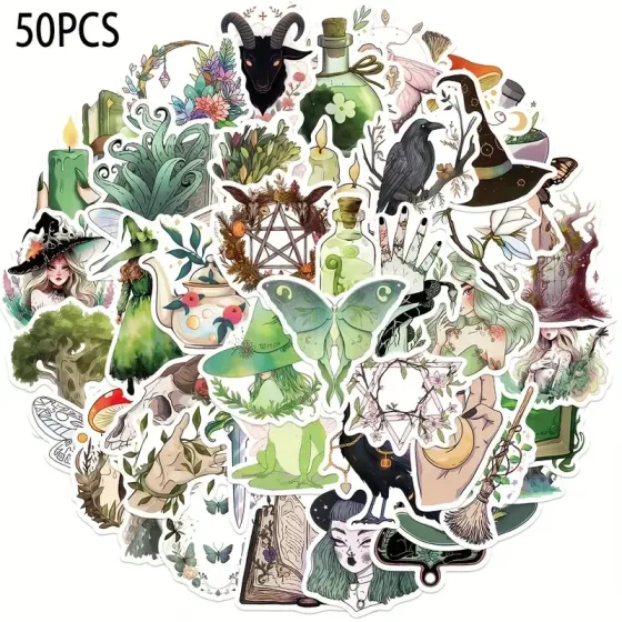 Набор ведьминских стикеров – 50 шт, до 5,6 см, водостойкие наклейки: книга заклятий, шляпа, зелья, луна, расте Киев