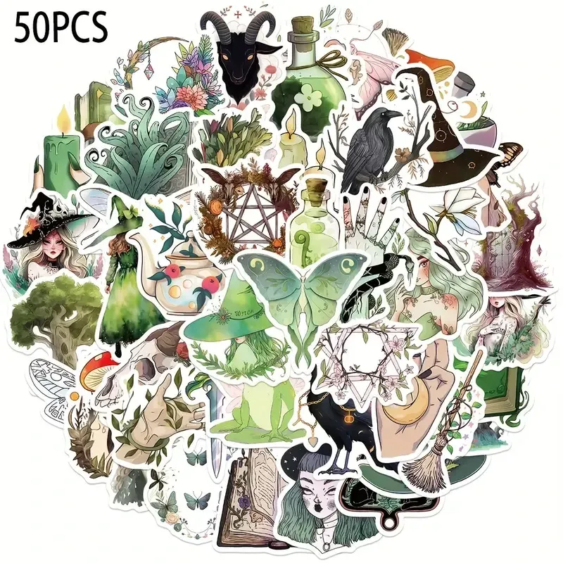 Набір відьомських стікерів – 50 шт, до 5,6 см, водостійкі наліпки: книги заклять, капелюх, зілля, місяць, рослини Київ - фото 3