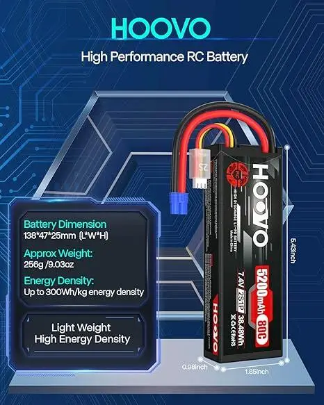 Комплект акумуляторів Hoovo 2S 7.4V 5200mAh 80C LiPo EC3: Батареї для RC-моделей, машин, дронів та катерів — 2 шт Київ - фото 8
