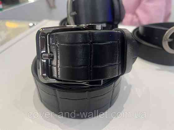 Широкий чоловічий ремінь із італійської шкіри з фактурою під крокодил (чорний)  40 мм PS Leather Київ