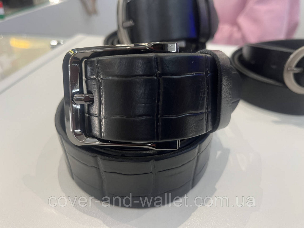 Широкий чоловічий ремінь із італійської шкіри з фактурою під крокодил (чорний)  40 мм PS Leather Київ - фото 5