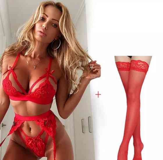Комплект нижньої білизни з панчохами мереживний еротичний S червоний Київ