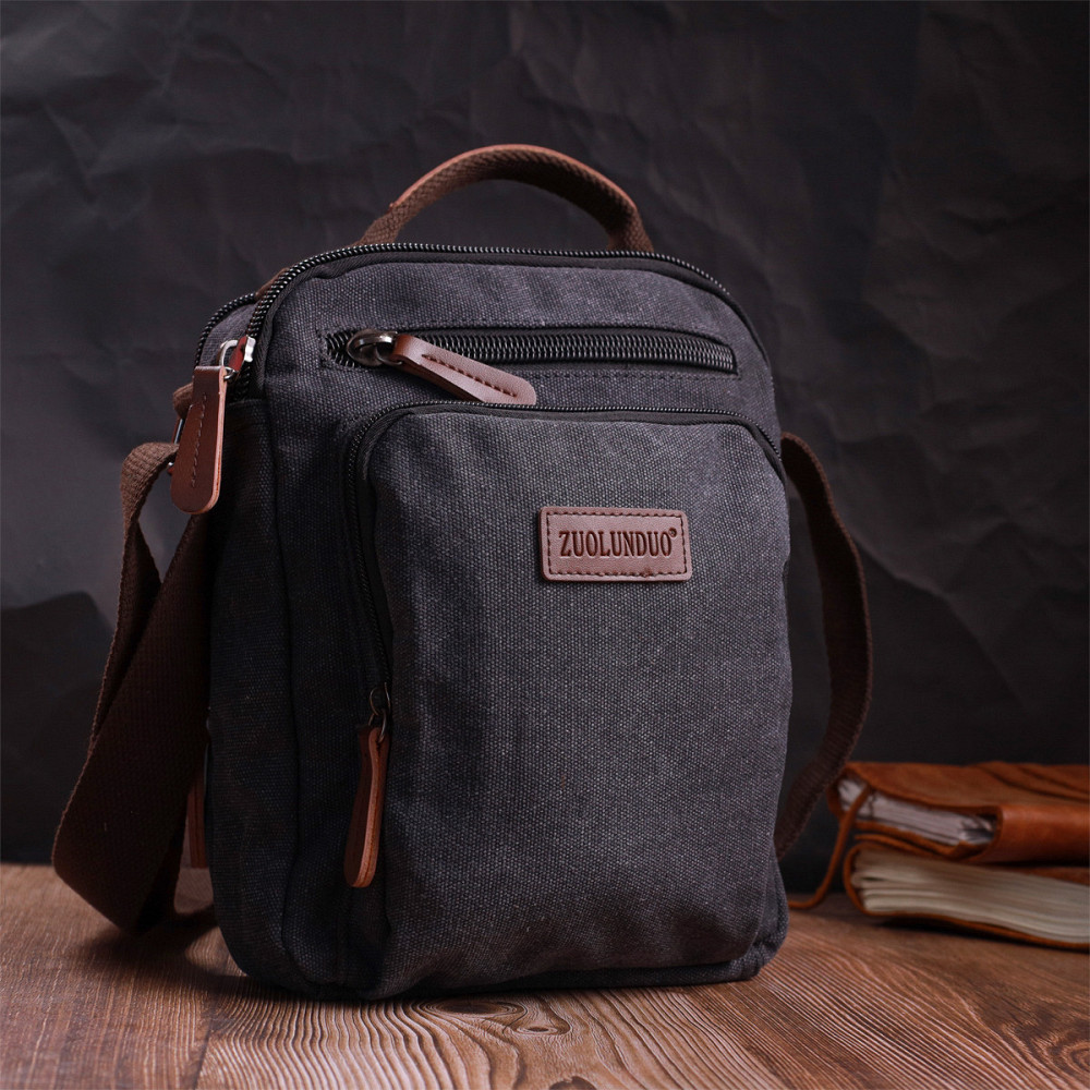 Функциональная вертикальная сумка для мужчин из текстиля Vintage 22237 Черный Киев - изображение 9