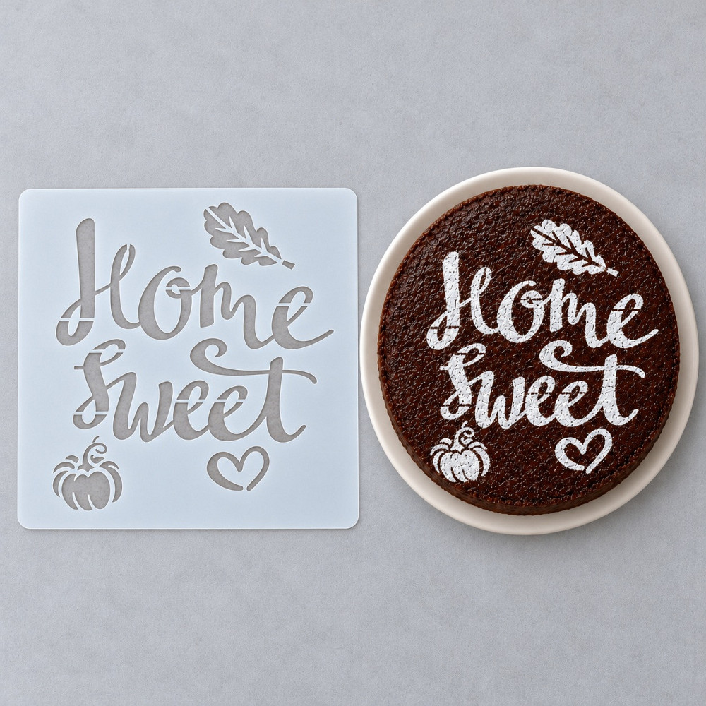 Трафарет на Хелловін з написом Home Sweet гарбузом серцем та осіннім листям для декорування торта Київ - фото 2