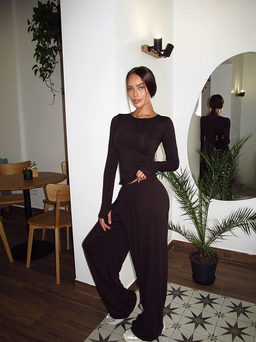 Женский базовый прогулочный костюм двойка: лонгслив и штаны турецкая вискоза Шоколад, 48/50 Одесса - изображение 4