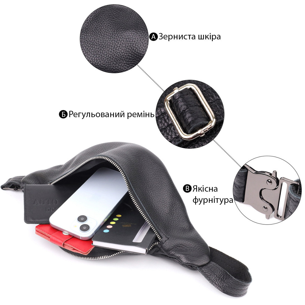 Відмінна сумка бананка із зернистої натуральної шкіри Shvigel 23145 Чорний Київ - фото 4