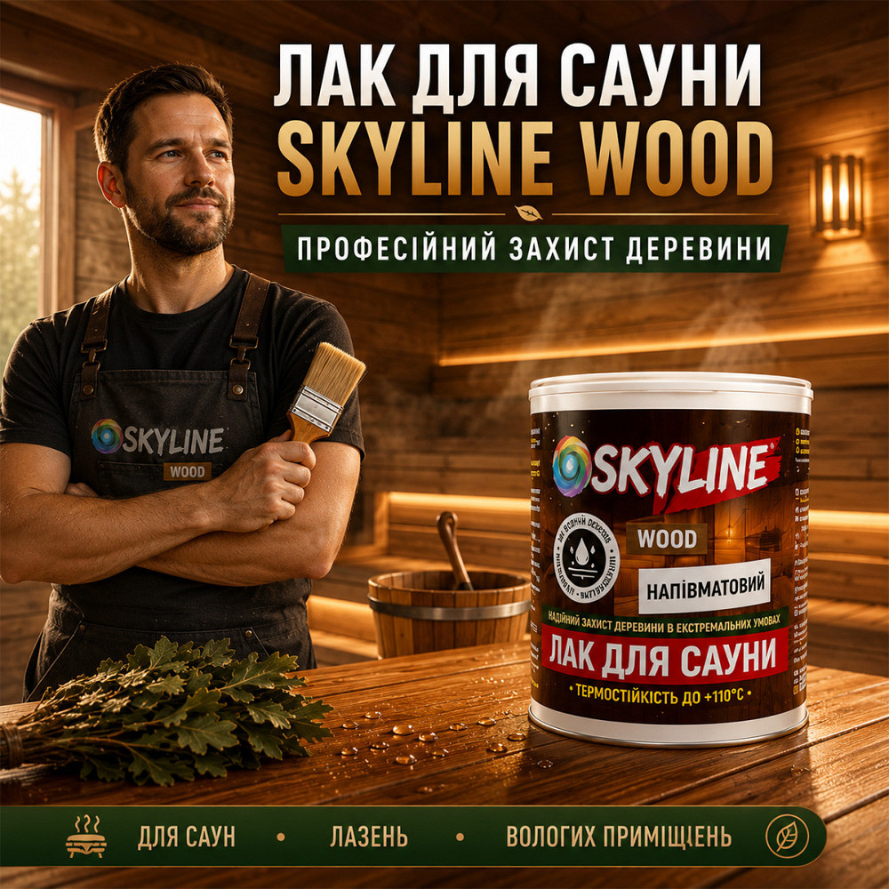 Лак для сауны SkyLine WOOD 0.75 л — акриловый полуматовый лак для дерева, прозрачный, без запаха, термостойкий до +110°C Харьков - изображение 10