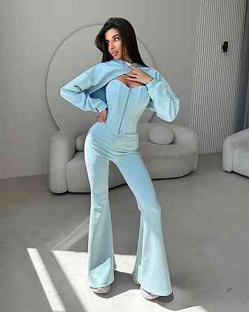 Женский стильный костюм тройка: кофта, корсет и лосины замш на дайвинге Голубой, 42/44 Одесса