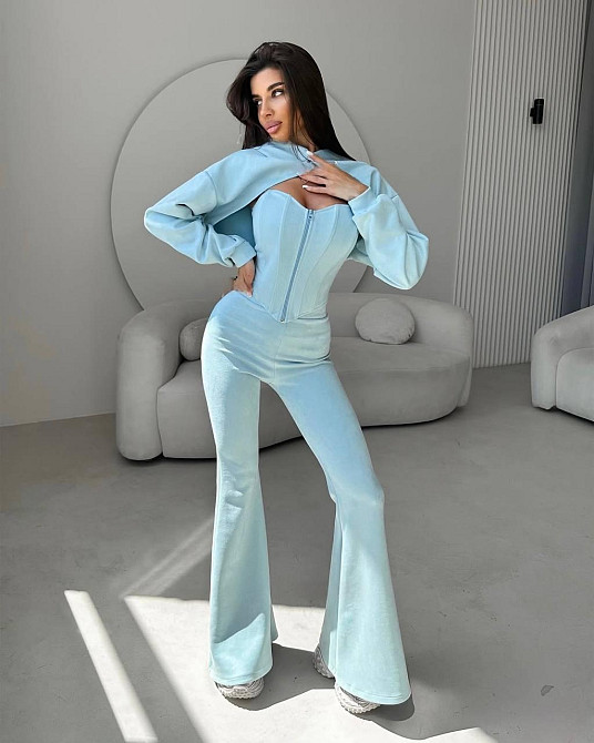 Женский стильный костюм тройка: кофта, корсет и лосины замш на дайвинге Голубой, 42/44 Одесса - изображение 1