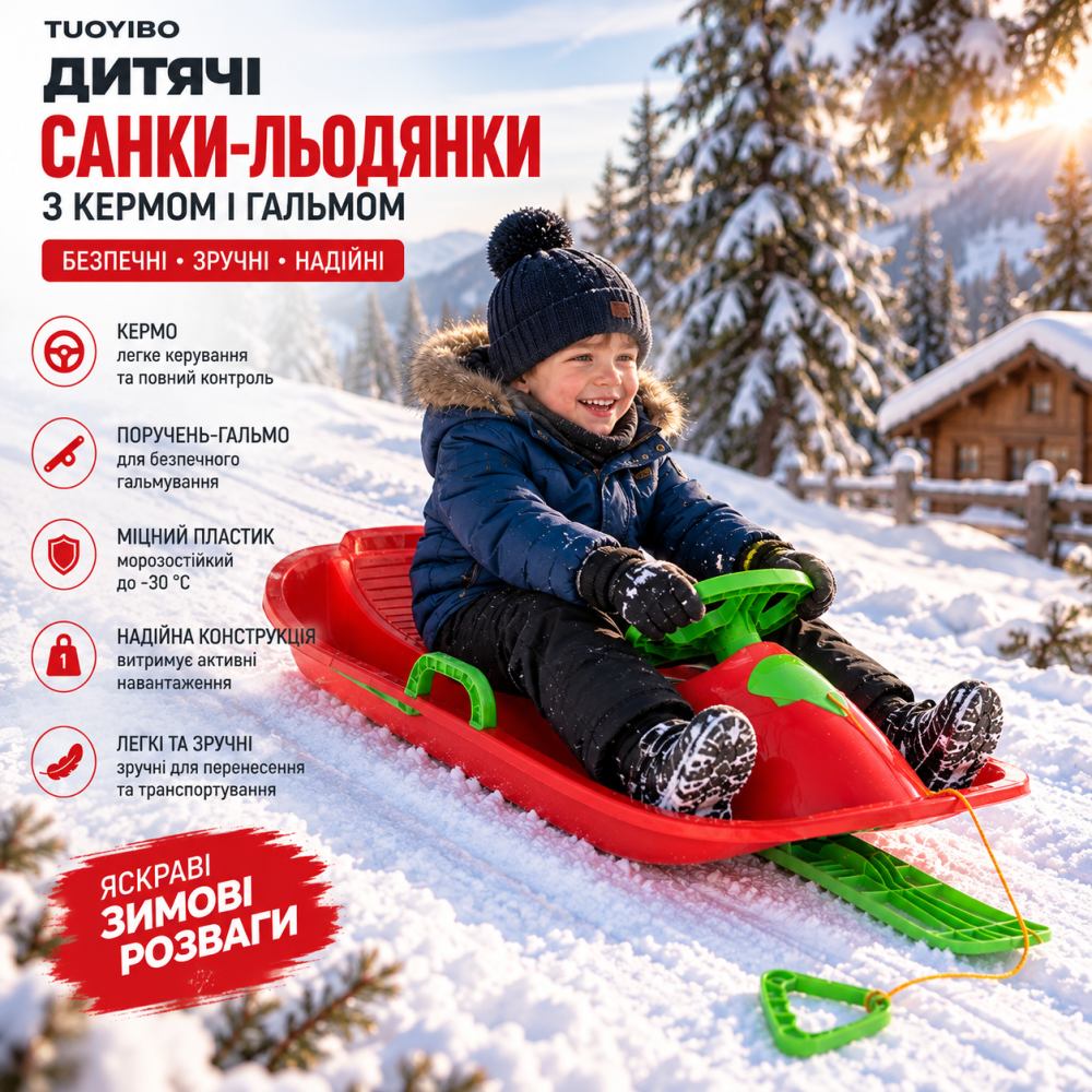 Міцні дитячі санки-льодянки з кермом і поручнем-гальмом з морозостійкого пластика, червона Київ - фото 12