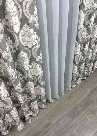 Комплект штор із тканини льон, колекція "Корона Марія" колір графітовий з світло-бежевим 1266ш Київ