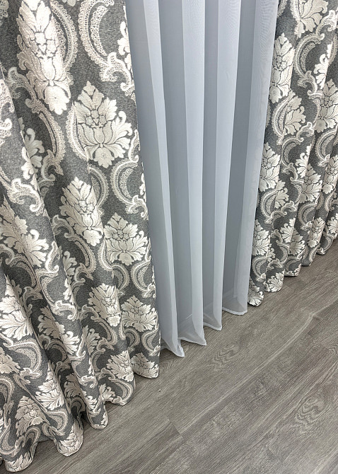 Комплект штор із тканини льон, колекція "Корона Марія" колір графітовий з світло-бежевим 1266ш Київ - фото 3