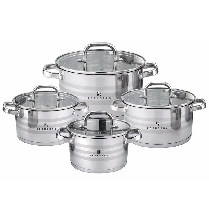 Набор посуды из нержавеющей стали Edenberg со стеклянными крышками 8 предметов RM-25 Львов - изображение 1