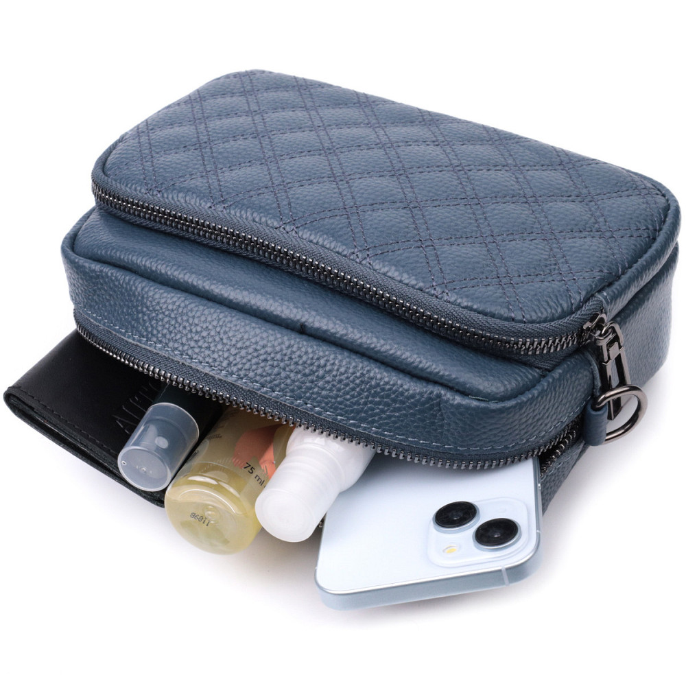 Стильная женская сумка прошитая ромбами на лицевой стороне из натуральной кожи Vintage 22636 Синяя Киев - изображение 10