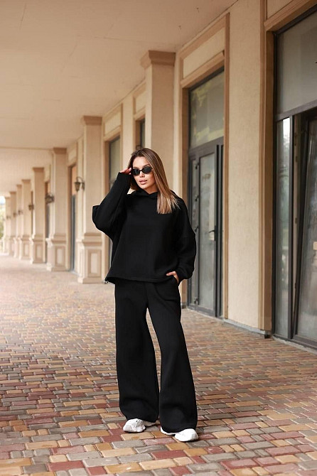 Костюм oversize турецкая трехнить на флисе, худые и широкие брюки, черный, размер 42/46 Лубны - изображение 3