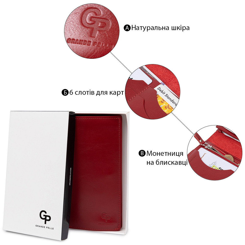 Вертикальне жіноче портмоне GRANDE PELLE 11555 Червоний Київ - фото 8