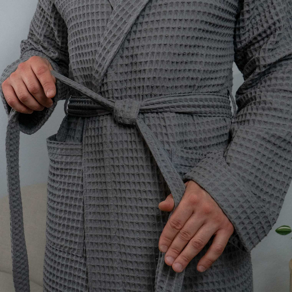 Вафельний халат чоловічий з коміром, довгим рукавом YouStar 100% бавовна 380 г/м2 (Сірий) M Суми - фото 5