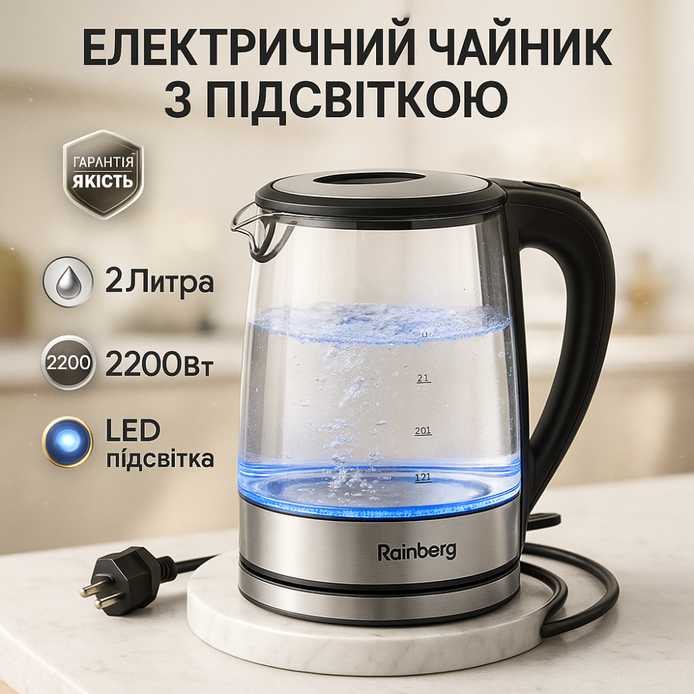 Дисковый электрический чайник Rainberg RB-709 2Л 2200Вт стеклянный с подсветкой, бесшумный чайник Black LJ-68 Львов - изображение 16
