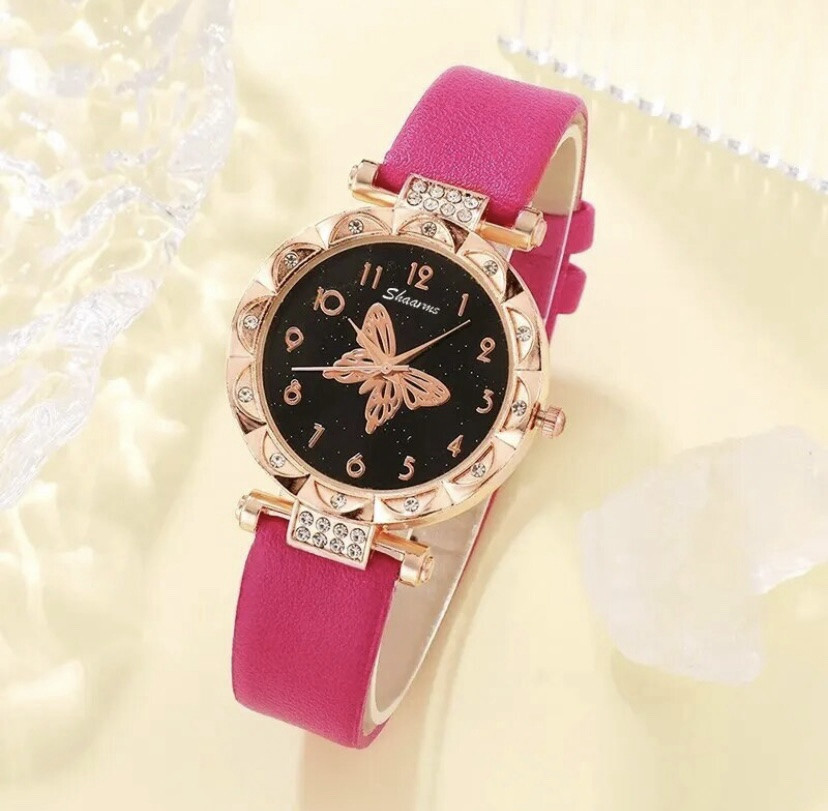 Подарочный набор для женщин Бабочка наручные часы браслет ожерелье и серьги- без подарочной коробки малиновый Киев - изображение 7