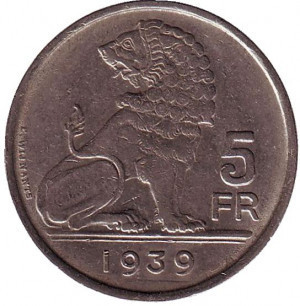 Монета 5 франков. 1939 год, Бельгия. (Belgie) Полтава - изображение 1