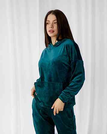 Жіночий велюровий костюм із капюшоном Смарагдовий S Харків