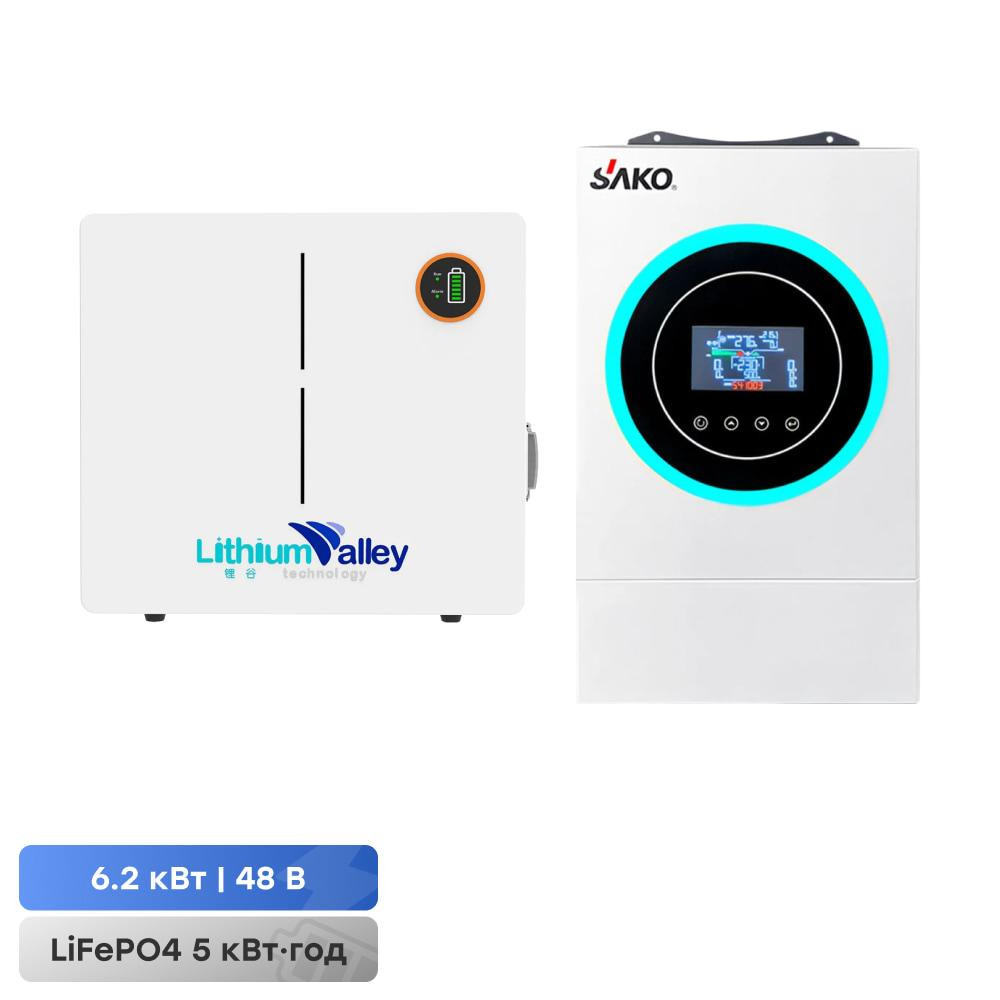 Комплект резервного живлення 6.2kW 5.12kWh: гібридний інвертор Sako SUNON V 6.5KVA/6200W/48V+120A MPPT і акумуляторна батарея Киев - изображение 5