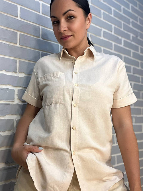 Сорочка жіноча Mix Ray 3950 накладена кишеня короткий рукав оверсайз M бежева, бежевий, S Київ - фото 1