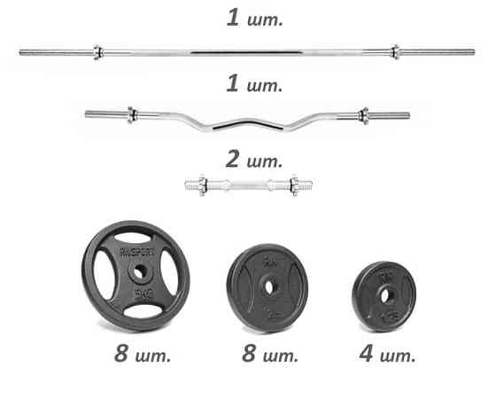 Набір 80 кг Штанга + W-подібний гриф + Гантелі набірні Гантелі, гирі, штанги та диски металеві диски Київ