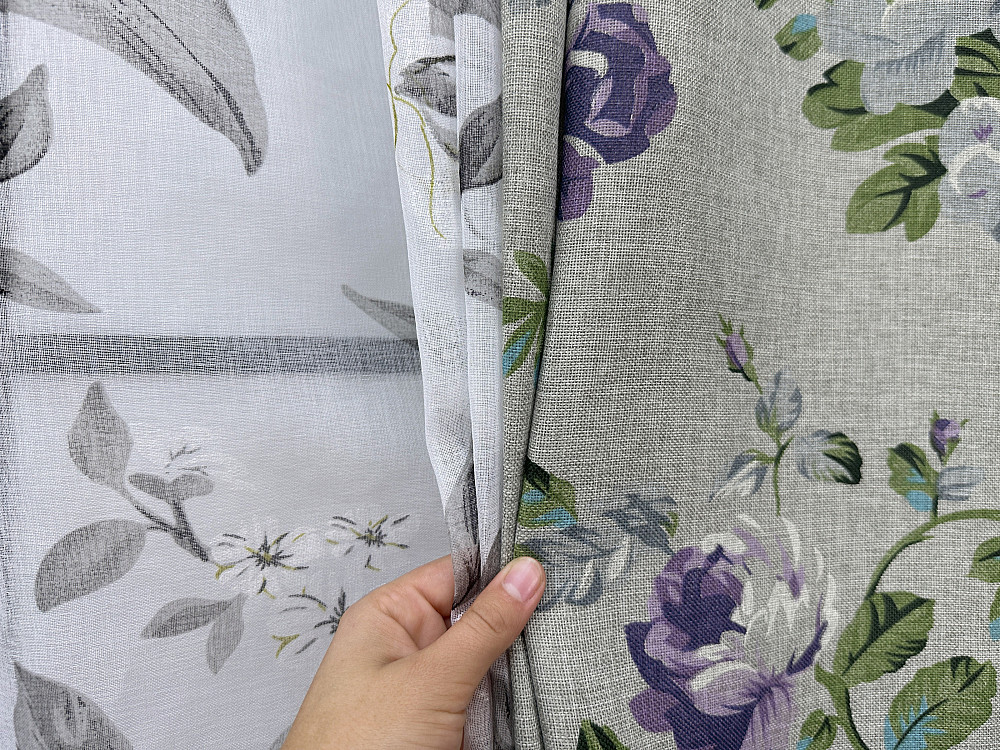 Комплект штор VR-Textil Льон Прованс 150х270 2шт і Тюль 400х270 2084ш-1681т Світло-сірий з фіолетовим та білим 71-208/3 Київ - фото 8
